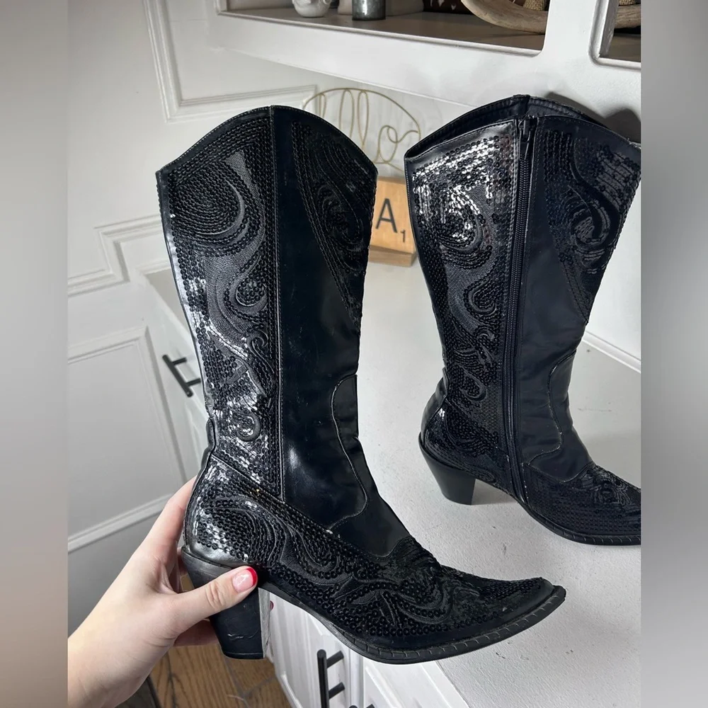 Helen’s Heart Black Sequin Western Boots Women’s 8 Pointed Toe Rhinestone Cowboy - Picture 7 of 8